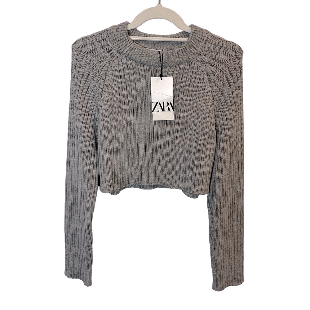 NWT Zara  Long Sleeve Ribbed‎ Knit Cropped Sweater Gray Cotton M